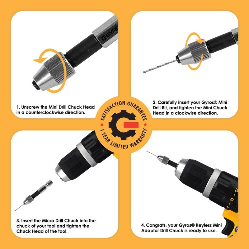 GYROS Keyless Mini Adapter Chuck, ¼ Inch Hex Shank, Small Drill Bit Adapter Chuck sized 0 to 0.039 Inch for Micro Drill Bits #60-#80, Micro Drill Chuck for Cordless Screwdrivers, Dremel, & Power Tools - Image 4