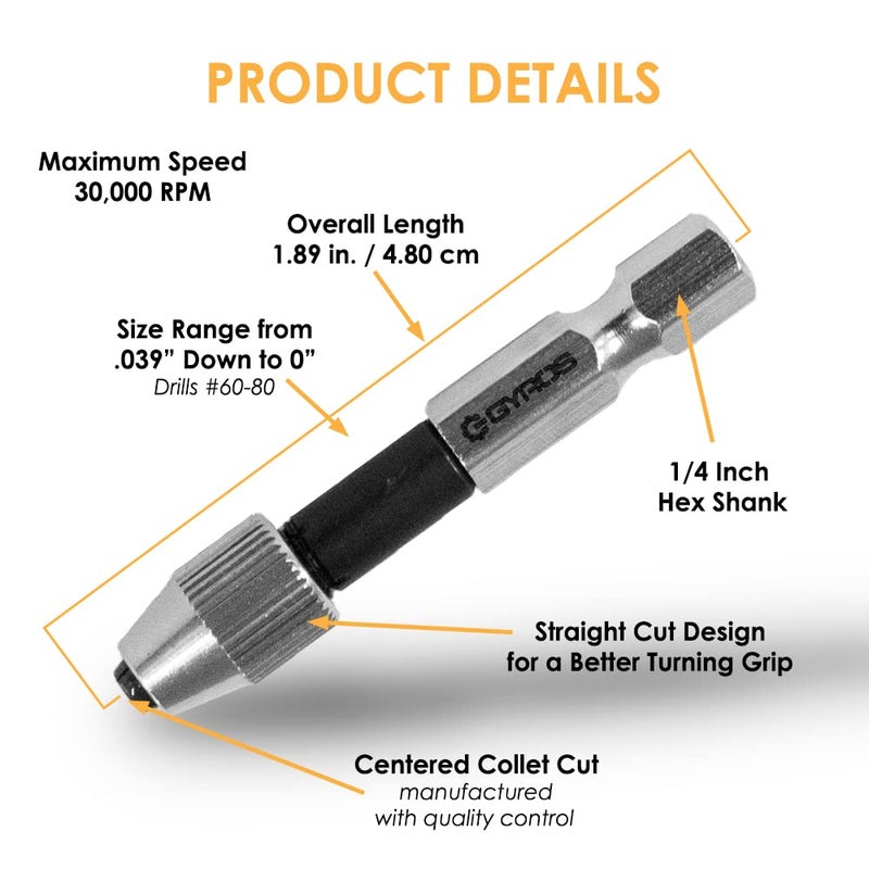 GYROS Keyless Mini Adapter Chuck, ¼ Inch Hex Shank, Small Drill Bit Adapter Chuck sized 0 to 0.039 Inch for Micro Drill Bits #60-#80, Micro Drill Chuck for Cordless Screwdrivers, Dremel, & Power Tools - Image 3