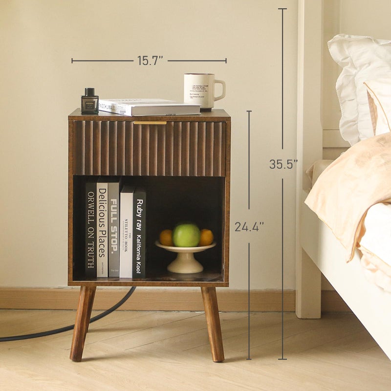 Fultyle Mid Century Modern Nightstand with Charging Station, Modern Bedside Table with Fluted Drawer and Storage Shelf, End Side Tables Living Room for Bedroom, Office (Rustic Brwon) - Image 2