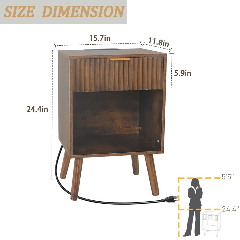 Fultyle Mid Century Modern Nightstand with Charging Station, Modern Bedside Table with Fluted Drawer and Storage Shelf, End Side Tables Living Room for Bedroom, Office (Rustic Brwon) - Image 3