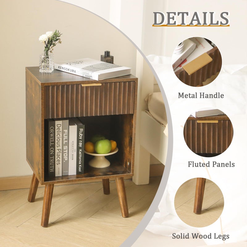 Fultyle Mid Century Modern Nightstand with Charging Station, Modern Bedside Table with Fluted Drawer and Storage Shelf, End Side Tables Living Room for Bedroom, Office (Rustic Brwon) - Image 5