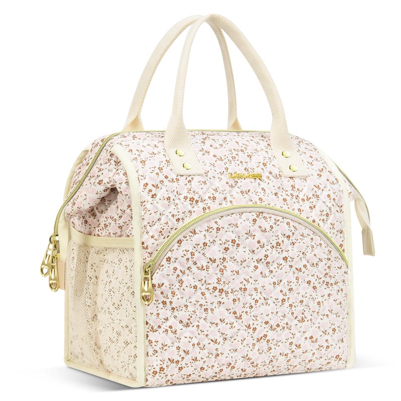 LOKASS Insulated Lunch Bag Women Reusable 10 L Lunch Box for Women Leakproof Tote Cooler Bag for Adults Work Beach Travel Picnic White Small Florals