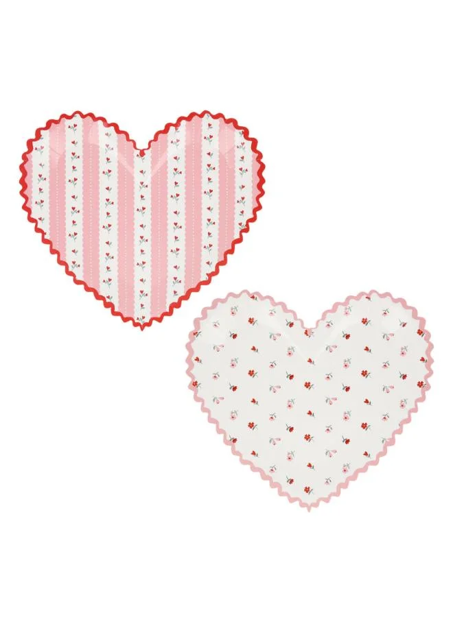 Vintage Rose Heart Plates - Pack of 8, 450gsm Paper Plates with Pink & Red Floral Heart Designs and Ric Rac Borders, Romantic Party Tableware for Valentine's & Celebrations