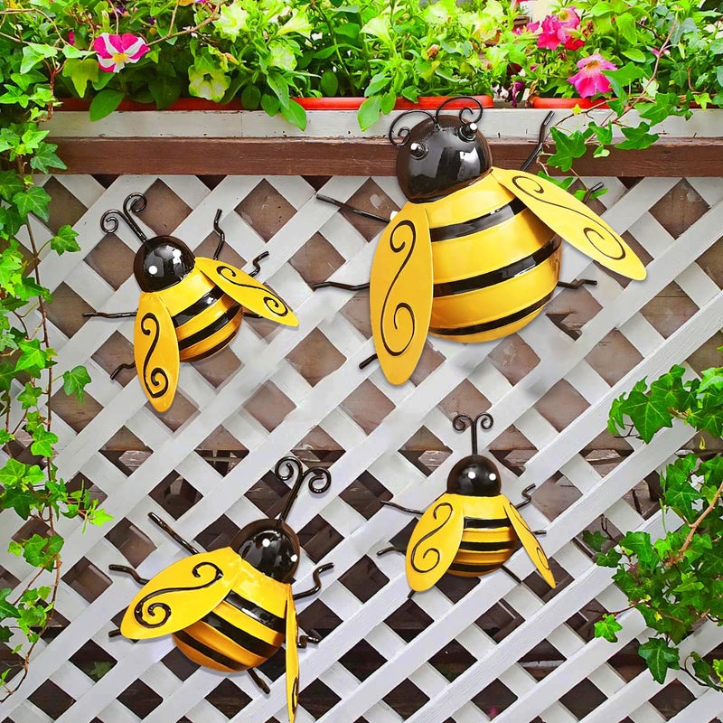 MACLARONX 4 PCS Metal Bumble Bee Garden Decor Outdoor Honey Bee Fence Yard Art Outside Patio Home Wall Decoration
