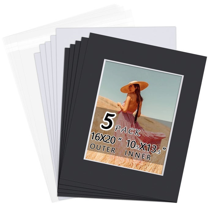 5 PACK ACID FREE 16X20 BLACK PICTURE MATS BOARD SHOW KIT FOR 11X14 PICTURES 4PLY BEVELED PRECUT PHOTO BOARDS WITH BACKING BOARD AND PLASTIC CLEAR BAGS