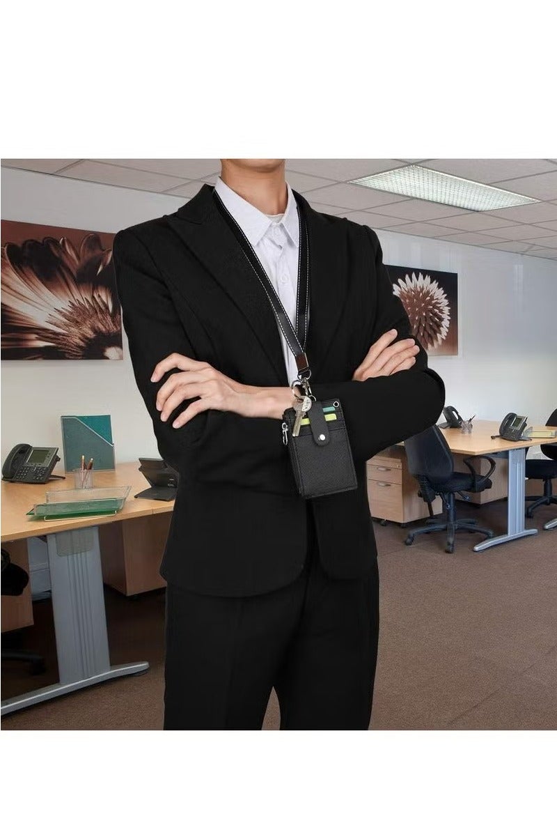 حامل بطاقة الهوية مع جيب بسحاب من جلد البولي يوريثان وحبل تثبيت - Image 4