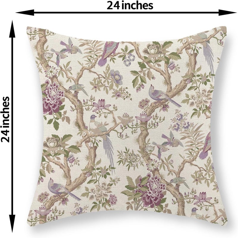 GOLIANDA Chinoiserie Pillow Covers 24x24 Set of 2 Purple Green Floral Bird Throw Pillows Vintage Flowers Bird Decorative Pillow Cases Outdoor Chinoiserie Decor Farmhouse Cushion Case for Couch Sofa - Image 2