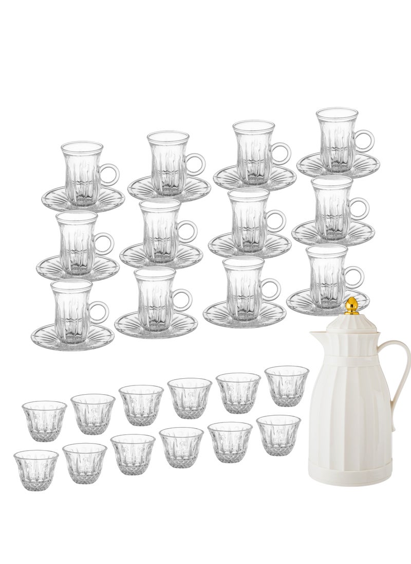 Dania Saudi glass tea and coffee set with beige plastic thermos, consisting of 12 tea cups + 12 tea saucers + 12 Saudi coffee + thermos  - Image 1