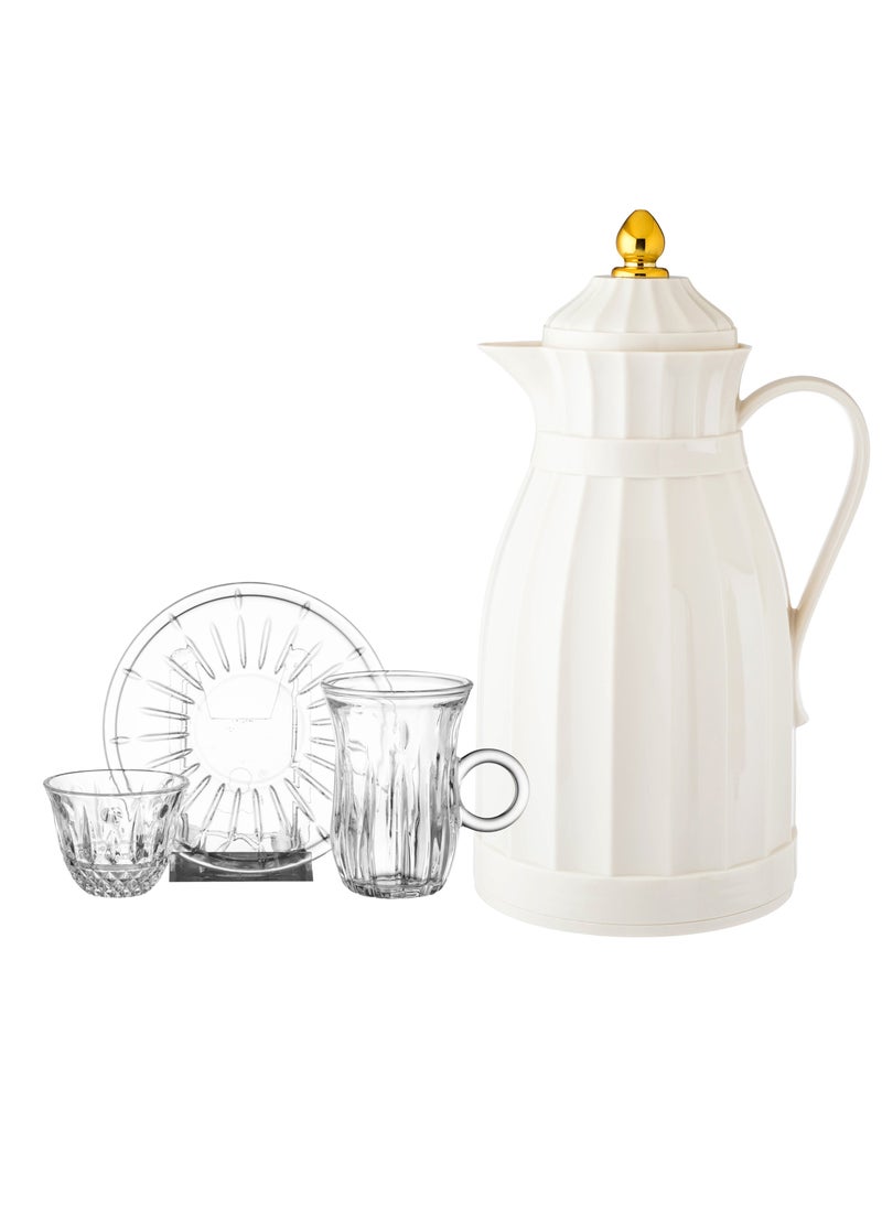 Dania Saudi glass tea and coffee set with beige plastic thermos, consisting of 12 tea cups + 12 tea saucers + 12 Saudi coffee + thermos  - Image 2