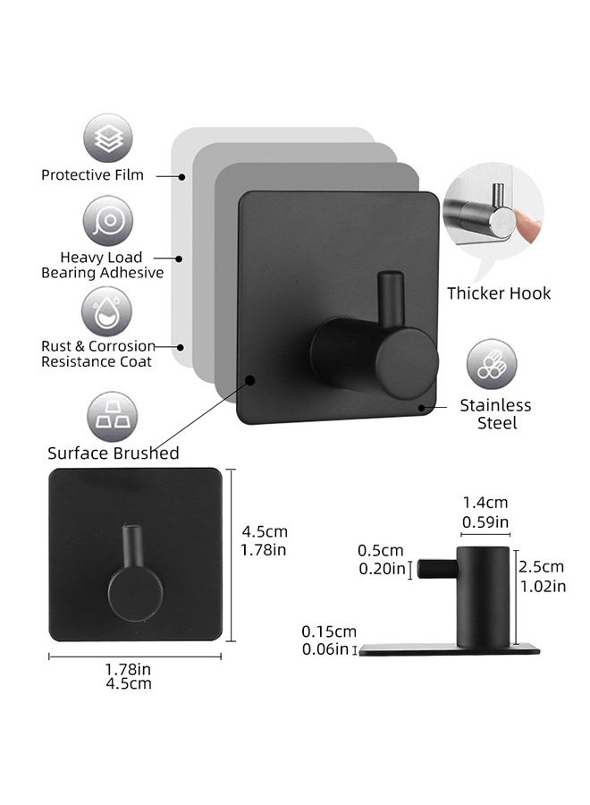 Adhesive Towel Hooks, 304 Stainless Steel Self Sticky Wall Hooks Waterproof Shower Hooks for Robe/Clothes, No Drilling Towel Hangers for Bathroom Kitchen Bedroom (Black, 4 Packs) - Image 2