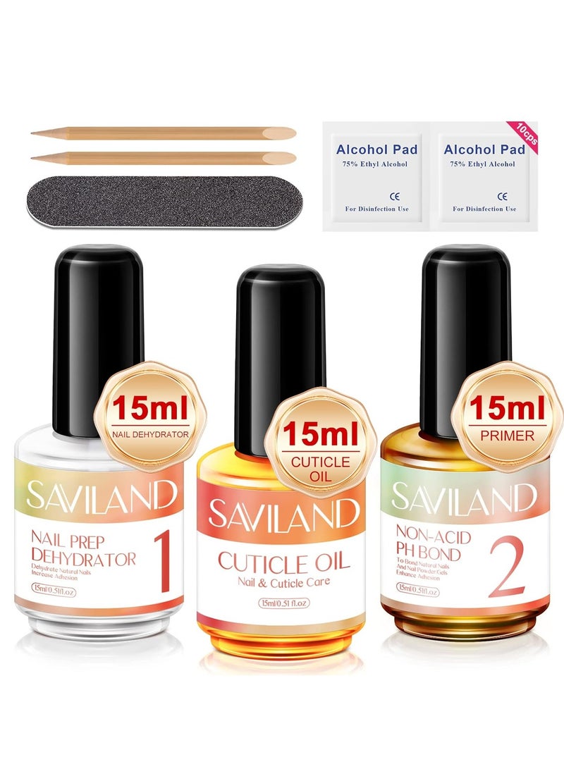 Saviland 15ml Nail Dehydrator and Primer and Cuticle Oil for Nails – 16PCS Natural Acid-free Nail Primer and Dehydrator Nail Prep for Gel Nail Polish & Acrylic Nails Salon Nail Art Tools  - Image 1