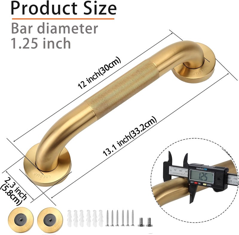 Rackickyer Shower Grab Bar, 2 Pack 12 Inch Gold Bathroom Grab Bar, 1.25" Diameter 304 Stainless Steel Anti-Slip Grab Bars for Bathtubs and Showers, Handicap Shower Grab Bar for Seniors Elderly - Image 2