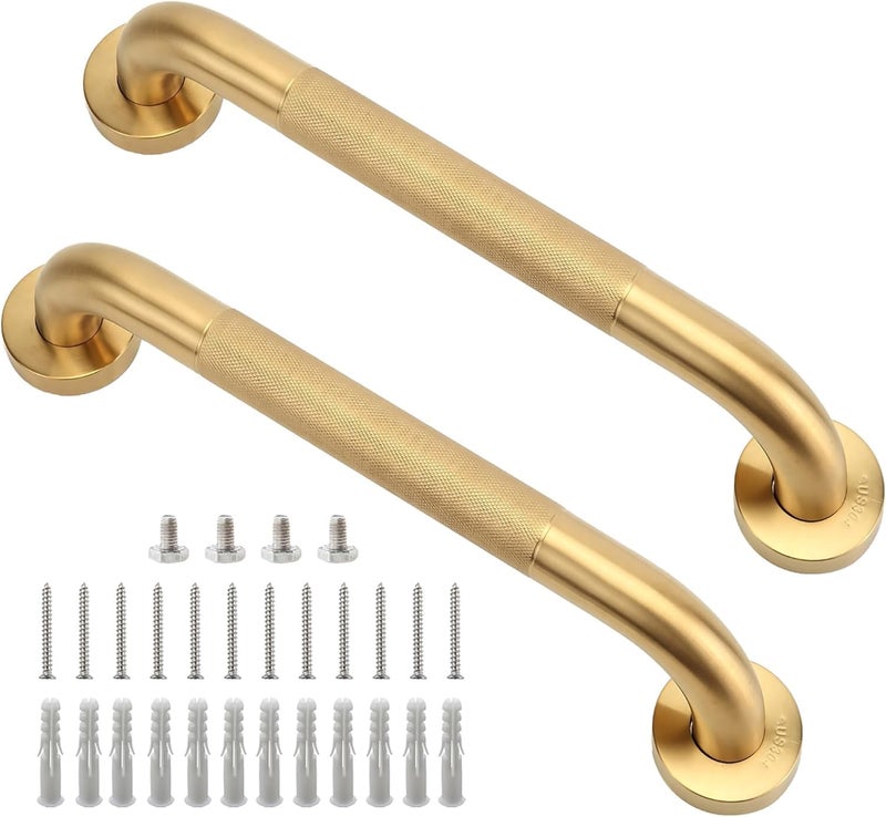 Rackickyer Shower Grab Bar, 2 Pack 12 Inch Gold Bathroom Grab Bar, 1.25" Diameter 304 Stainless Steel Anti-Slip Grab Bars for Bathtubs and Showers, Handicap Shower Grab Bar for Seniors Elderly - Image 1