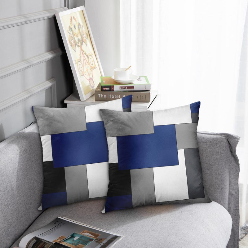 Emvency Set of 2 Dark Blue Geometric Throw Pillow Cover Black Grey White Painting Abstract Checkered Design Decorative Pillow Case Modern Home Decor Standard Square 18x18 Inch Cushion Pillowcase - Image 2