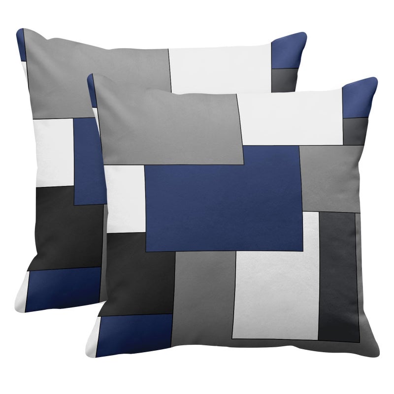 Emvency Set of 2 Dark Blue Geometric Throw Pillow Cover Black Grey White Painting Abstract Checkered Design Decorative Pillow Case Modern Home Decor Standard Square 18x18 Inch Cushion Pillowcase - Image 1