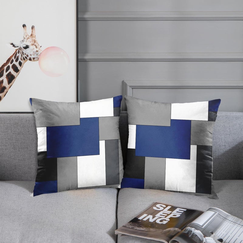 Emvency Set of 2 Dark Blue Geometric Throw Pillow Cover Black Grey White Painting Abstract Checkered Design Decorative Pillow Case Modern Home Decor Standard Square 18x18 Inch Cushion Pillowcase - Image 5