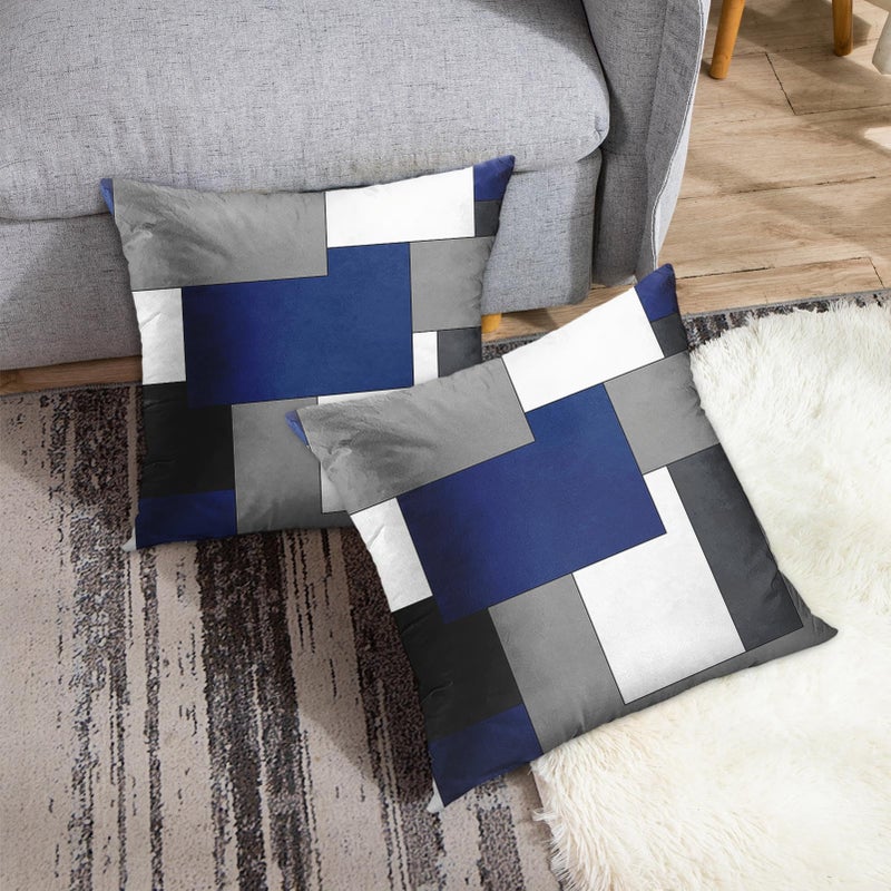 Emvency Set of 2 Dark Blue Geometric Throw Pillow Cover Black Grey White Painting Abstract Checkered Design Decorative Pillow Case Modern Home Decor Standard Square 18x18 Inch Cushion Pillowcase - Image 4