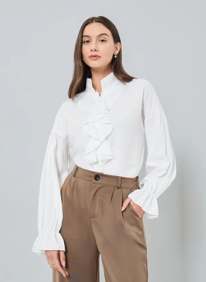 Front Ruffle Detail Long Sleeve Shirts