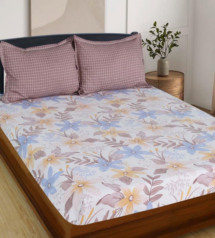 Nendle Floral Pattern 400Tc Premium Cotton Super King Size Bedsheets 108X108 Inches with Contrast Pillow Covers for Luxurious Softness and Anti Fade Prints (Floral Texture, Pack of 3) Multi Color - Image 2
