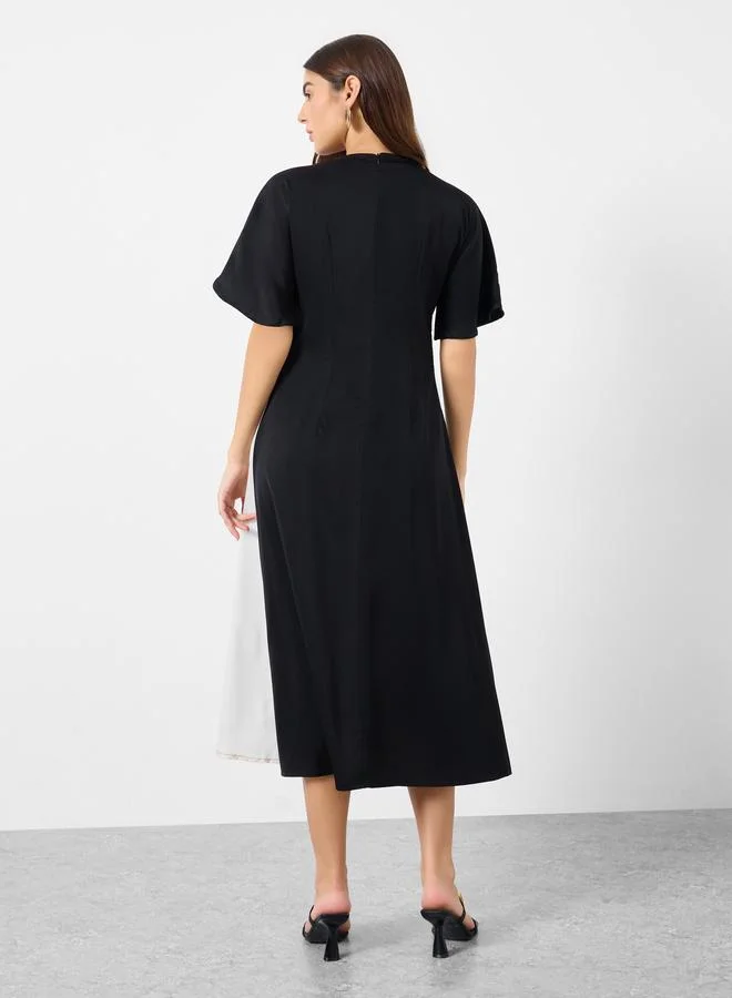 Styli  Black Color Block Midi Dress for Women | Best Price UAE