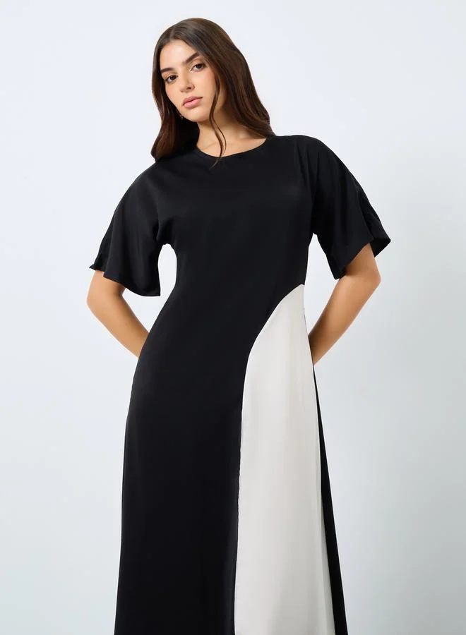 Styli  Black Color Block Midi Dress for Women | Best Price UAE