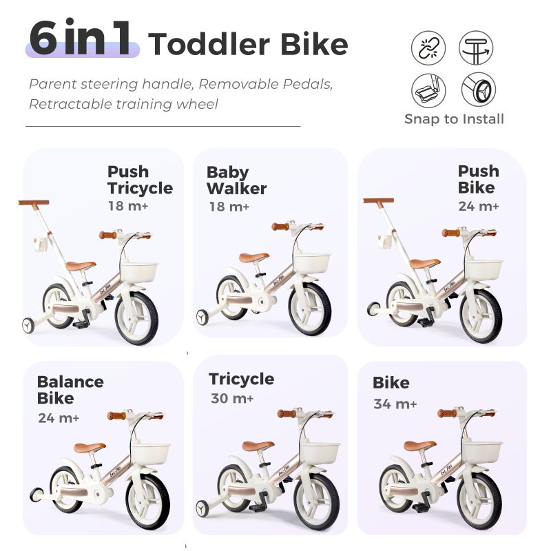LOL-FUN Toddler Bike with Training Wheels for Kids 1-3, 6 in 1 Balance Bike for Toddlers 2-4 with Pedals, Brake & Baskets, 12" Baby Push Tricycle for 2 3 4 5 Year Old Boy Girl Toy & Gift - Image 3