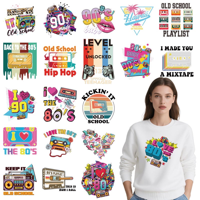 Shejdgart Dtf Transfers Ready to Press 20 Pcs Back to 80s 90s Theme Iron on Patches for TShirts Vintage Radio Heat Transfer Designs Vinyl Stickers Iron on Decals for DIY Clothes Bag Fabric