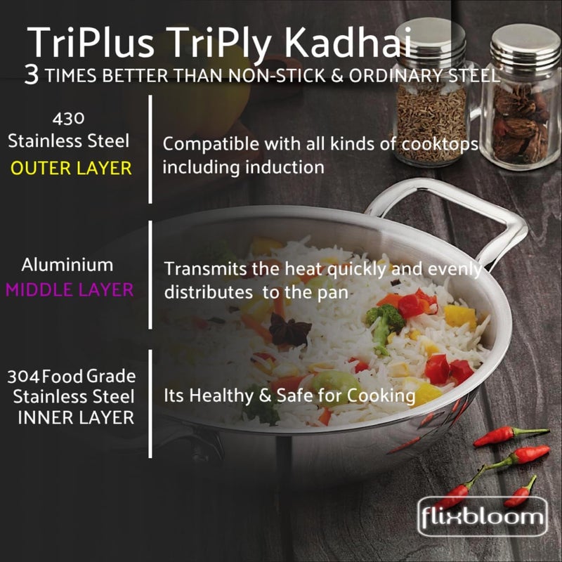 FLIXBLOOM Genuine TriPlus Stainless Steel Thick Heavy Duty Induction BaseLPG Stovetop Friendly Cookware Kadai SAS Efficiency Kadhai for Cooking Serving Kadhai with Lid 4 Litre Kadai - Image 5