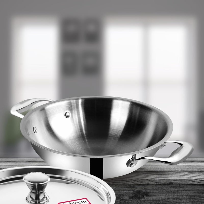 FLIXBLOOM Genuine TriPlus Stainless Steel Thick Heavy Duty Induction BaseLPG Stovetop Friendly Cookware Kadai SAS Efficiency Kadhai for Cooking Serving Kadhai with Lid 4 Litre Kadai - Image 1