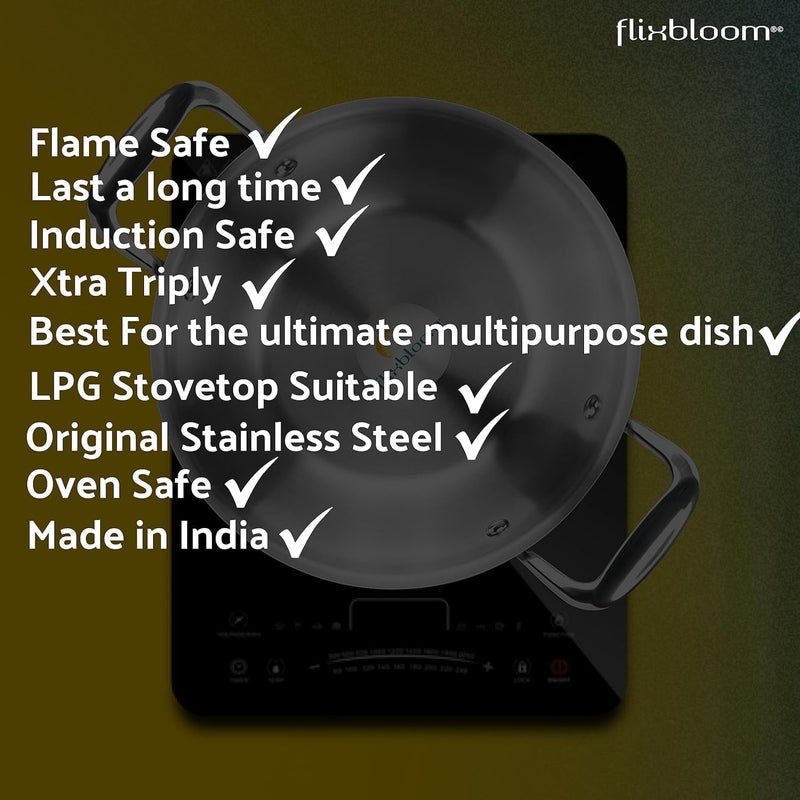 FLIXBLOOM Genuine TriPlus Stainless Steel Thick Heavy Duty Induction BaseLPG Stovetop Friendly Cookware Kadai SAS Efficiency Kadhai for Cooking Serving Kadhai with Lid 4 Litre Kadai - Image 4