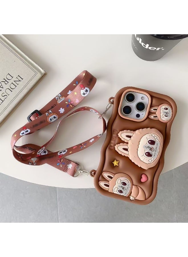 Case 3D Cute Silicone Cover with 3D Stand and Kawaii Shoulder Strap, Kids Girls Soft Funny Shockproof TPU Case With Lanyard For iPhone 13 Pro Max/iPhone 12 Pro Max 6.7 Inch (Brown)