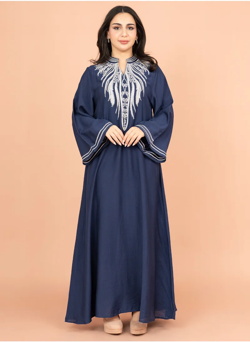 IKKXA Embroidered Solid Jalabiya with Stylish Mandarin Collar IK4010 Blue