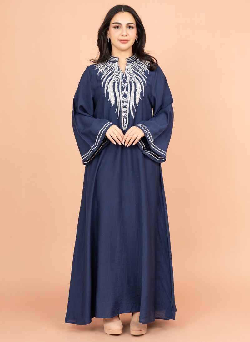 اكسا جلابية مطرزة سادة بياقة ماندرين أنيقة أزرق - Image 1