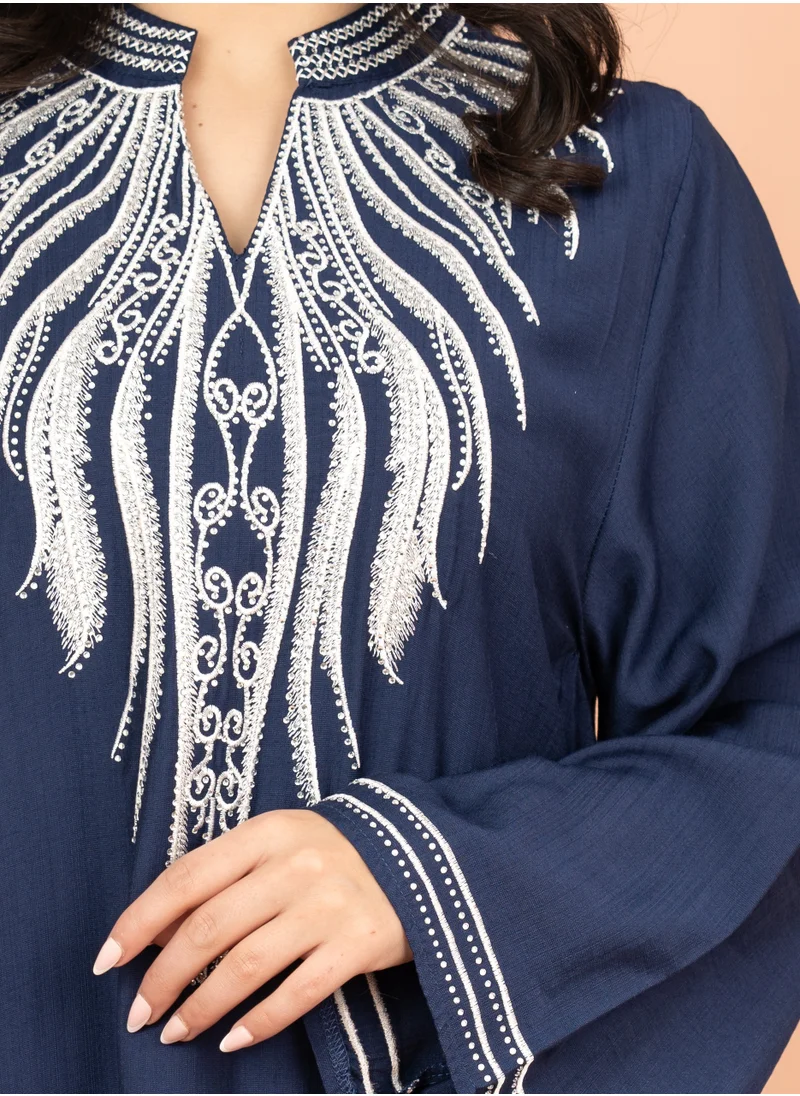 IKKXA Embroidered Solid Jalabiya with Stylish Mandarin Collar IK4010 Blue