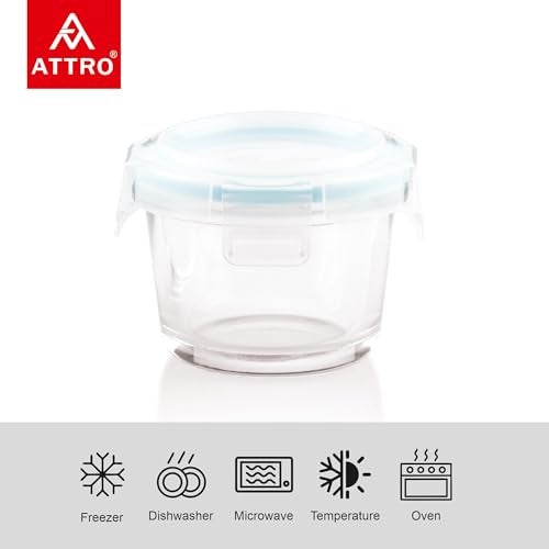ATTRO Glassox borosilicate Mini Round Glass food container with lock lid Small Food Container Air-Tight Leak-proof Bpa-Free Food Grade- 130ml Set of 2 - Image 2