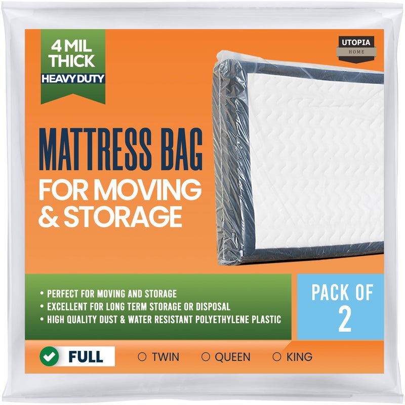 Utopia Home Full Size Mattress Bag for Moving 2 Pack 4 Mil Heavy Duty Plastic Storage Bag Mattress Encasement Cover Fits Mattresses up to 14 Inches
