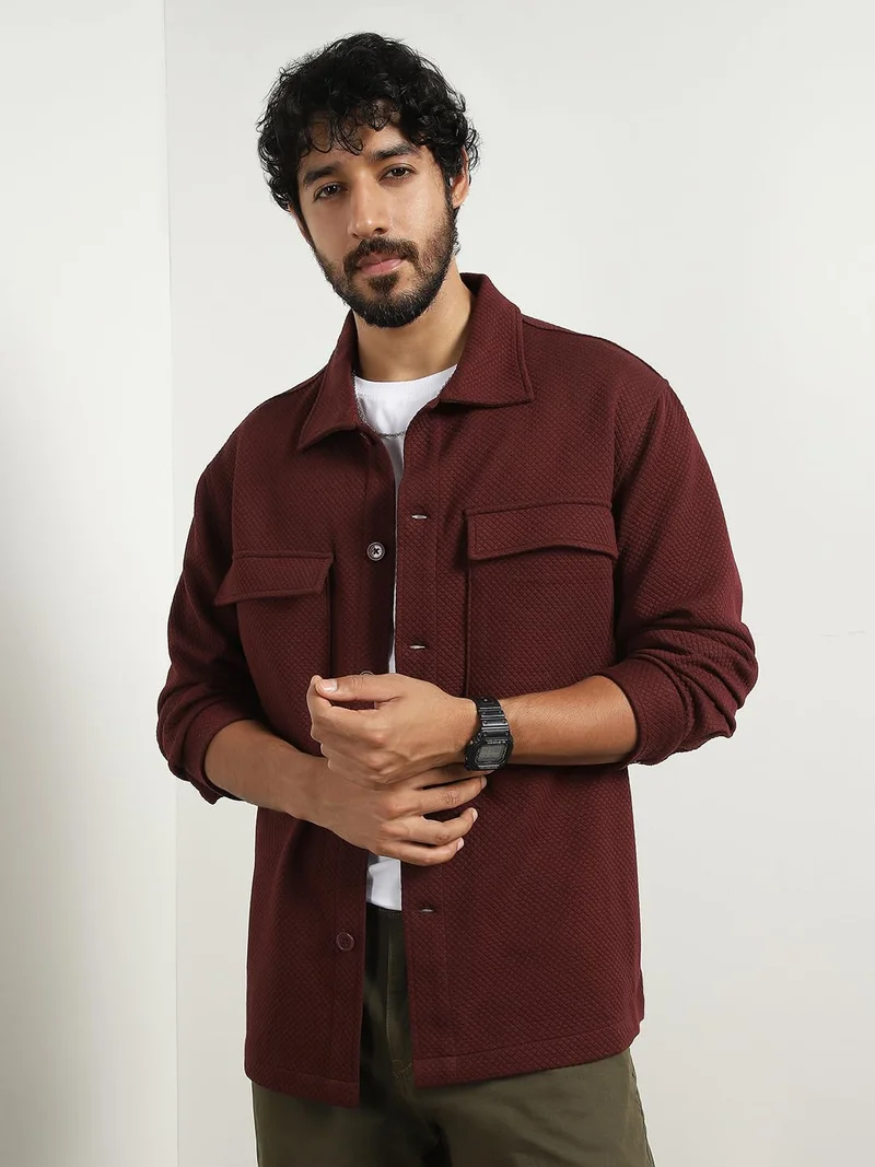 Men's Oversized Textured Shacket in Burgundy