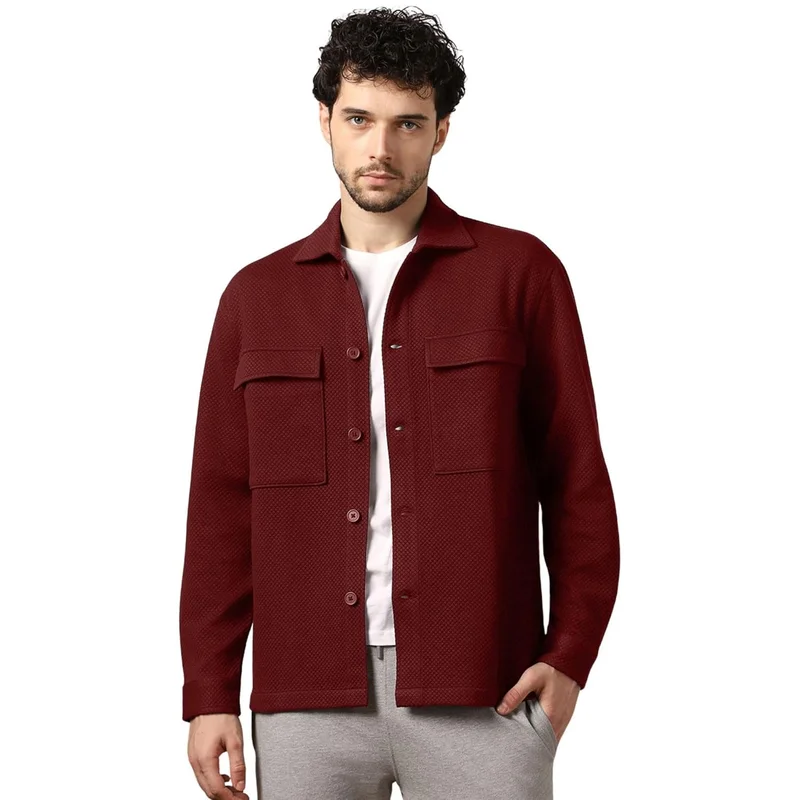 NOBERO Men's Oversized Textured Shacket in Burgundy
