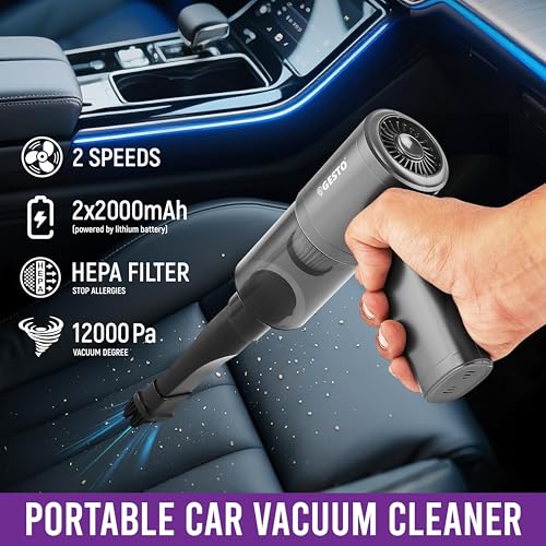 Gesto 3-in-1 Portable Car Vacuum Cleaner, Air Duster & Inflator | 70W High Power, 12000Pa Brushless Motor, 4000mAh Type-C Rechargeable Cordless Handheld Vacuum with Multi Nozzle for Car,Office,Home - Image 3