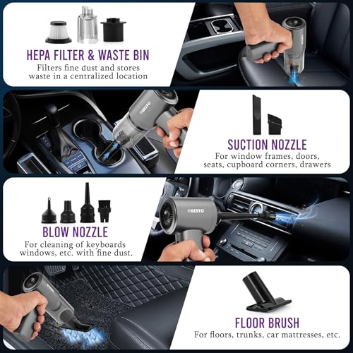 Gesto 3-in-1 Portable Car Vacuum Cleaner, Air Duster & Inflator | 70W High Power, 12000Pa Brushless Motor, 4000mAh Type-C Rechargeable Cordless Handheld Vacuum with Multi Nozzle for Car,Office,Home - Image 2