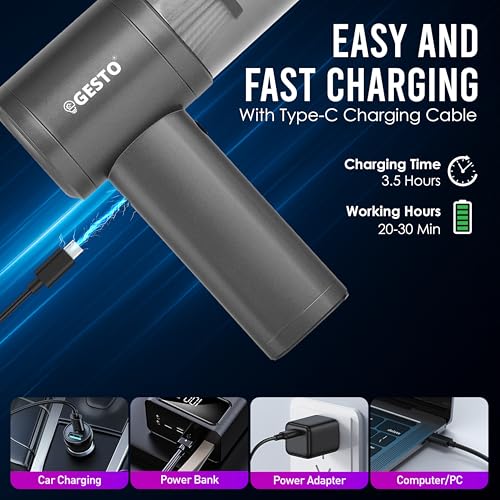 Gesto 3-in-1 Portable Car Vacuum Cleaner, Air Duster & Inflator | 70W High Power, 12000Pa Brushless Motor, 4000mAh Type-C Rechargeable Cordless Handheld Vacuum with Multi Nozzle for Car,Office,Home - Image 5