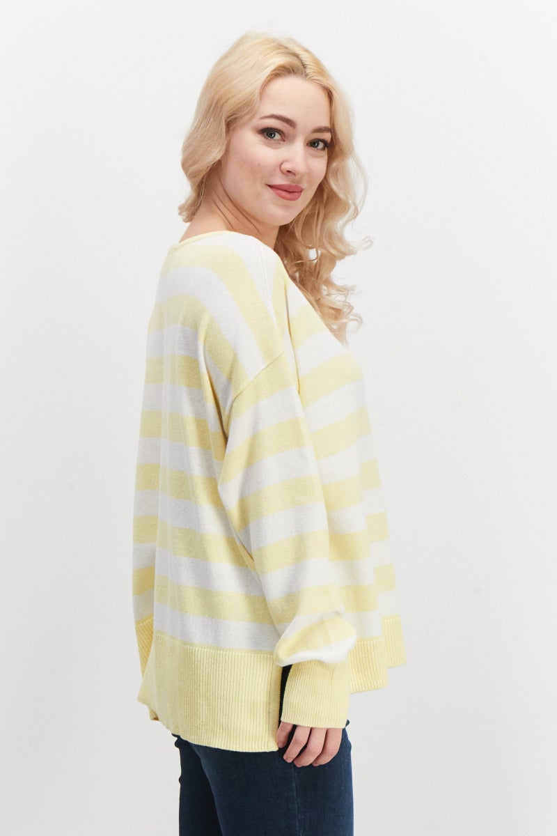 EDC Women Boat Neck Stripe Sweater, Yellow - Image 4