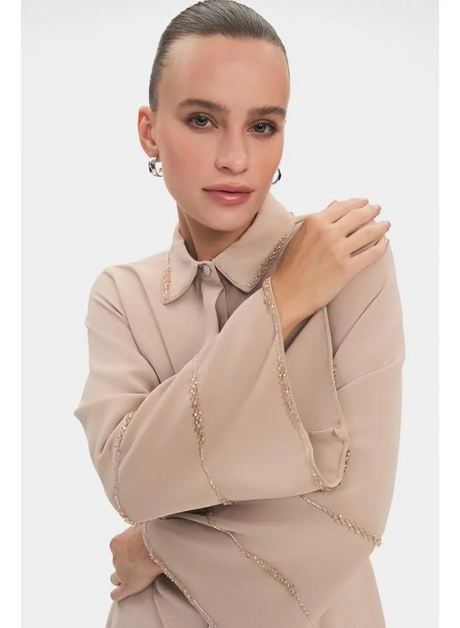 JUNE June Women Stone Detailed Shirt and Trousers Set Beige
