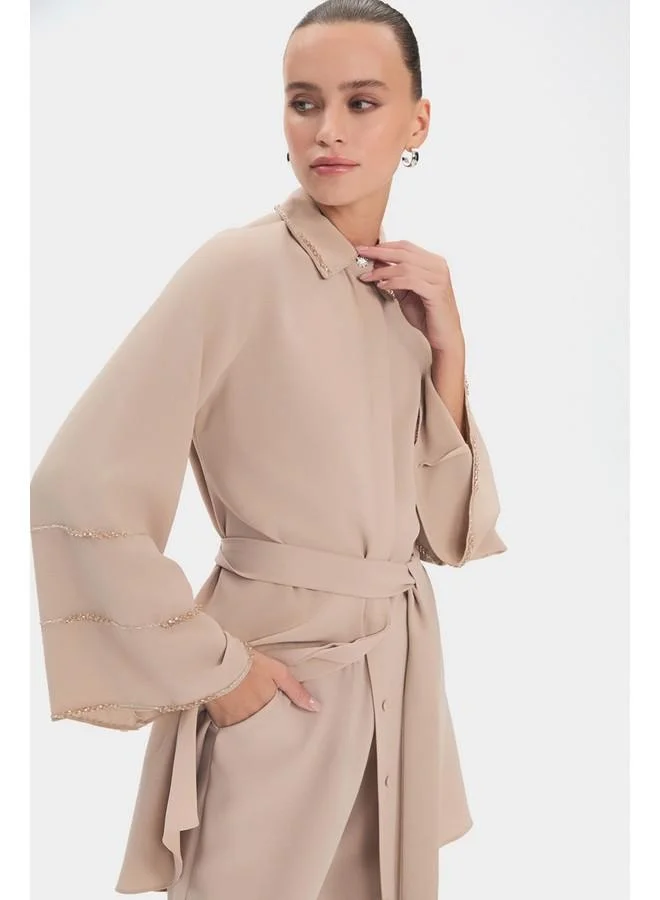 JUNE June Women Stone Detailed Shirt and Trousers Set Beige