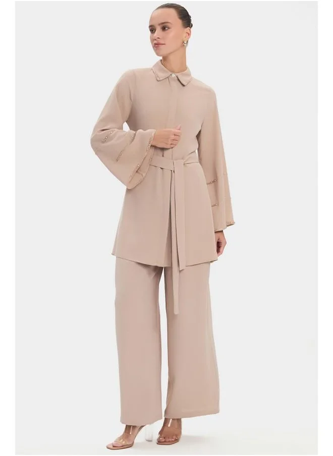 جون June Women Stone Detailed Shirt and Trousers Set Beige