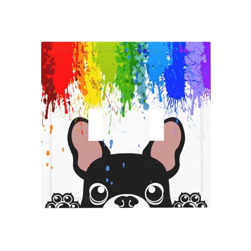 Yamxbfa Novelty Funny Pastel Colors Rainbow and Dogs Double Toggle Light Switch Cover Plate Decorative Cute Black Puppy 2 Gang Wall Plate Dual Device Electrical Switchplate Faceplate for Nursery Kids Room - Image 1