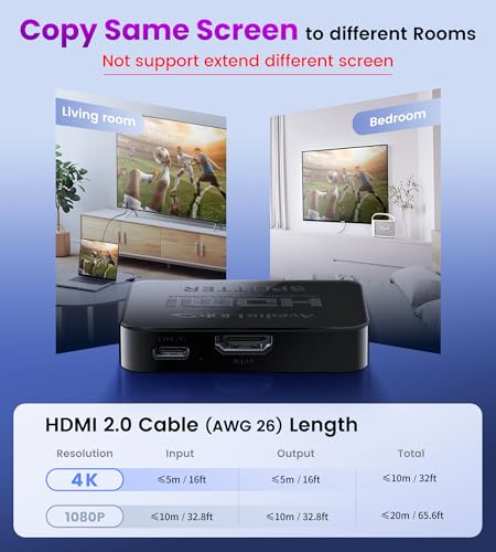 avedio links HDMI Splitter 1 in 2 Out [w/ 4 Ft Hdmi Cable]Not for Extended Display-Mirror Same Screen Only, 4K 1x2 HDMI Splitter 1 to 2 for 3D 1080P@60Hz, Copy 1 Source to 2 Displays at The Same Time - Image 4