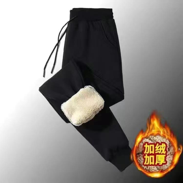 Mens Casual Sweatshirt  Pants Set Solid Color Warm Pure black pants [sheep wool single piece] 