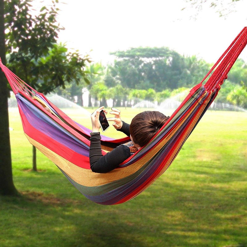 RHYDON Portable Durable Garden Foldable Hammocks Cotton Striped Ultralight Outdoor Beach Swing Bed with Strong RopeSwing for Garden Sports Hanging Bed for Camping Outdoor Activities - Image 4