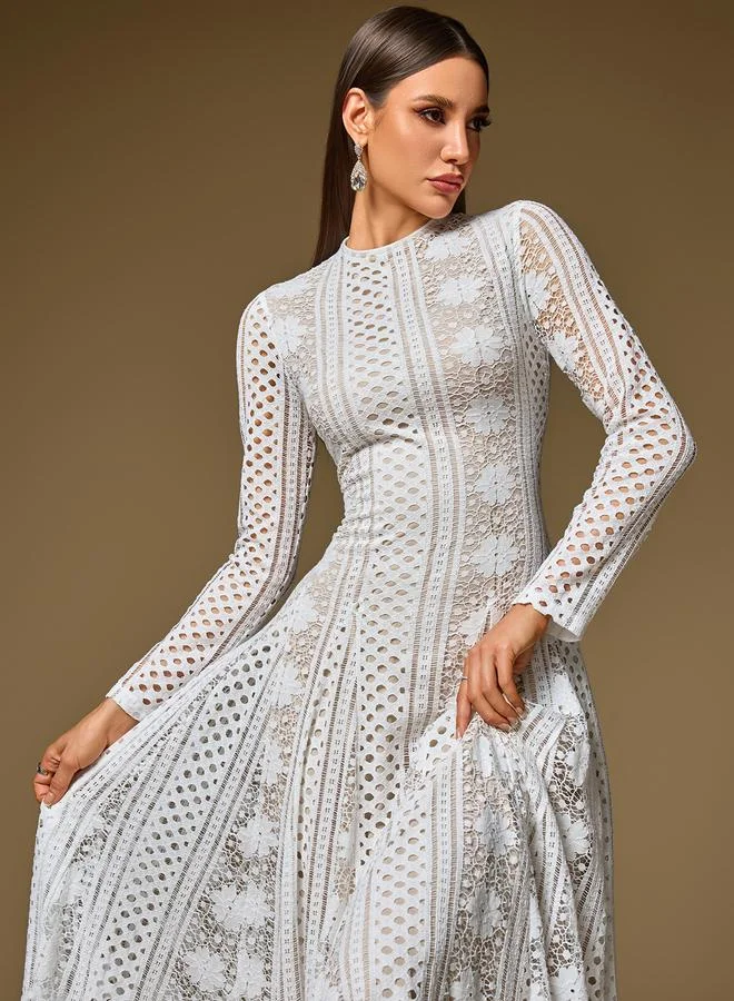 Take Two White Hollow Lace Mock Neck Maxi Dress